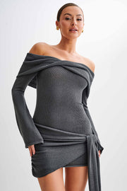 Camryn Off Shoulder Tie Knit Mini Dress - Charcoal