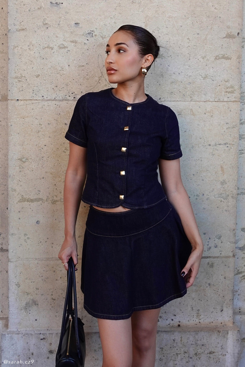 Bethany Short Sleeve Buttoned Denim Top - Washed Indigo Blue #7