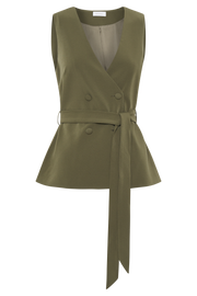 Amelie Suiting Longline Wrap Top - Military Olive