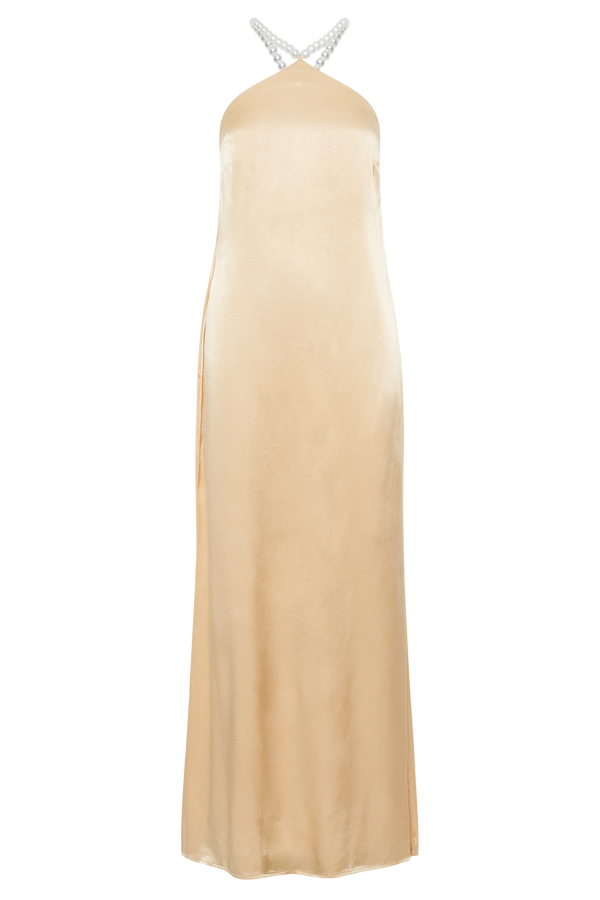 Blanche Satin Pearl Halter Maxi Dress - Peach
