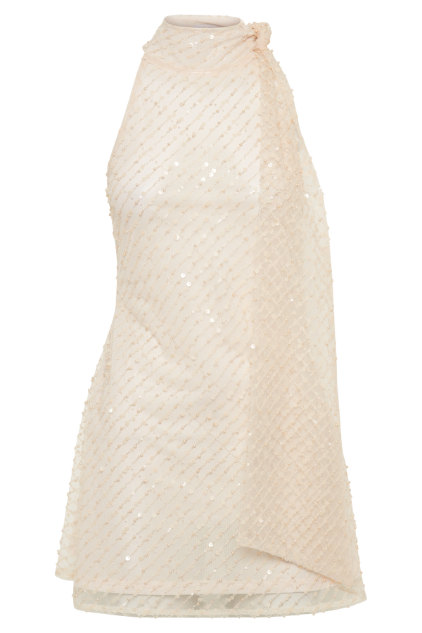 Aubriella Sequin Halter Mini Dress With Tie - Buttercream