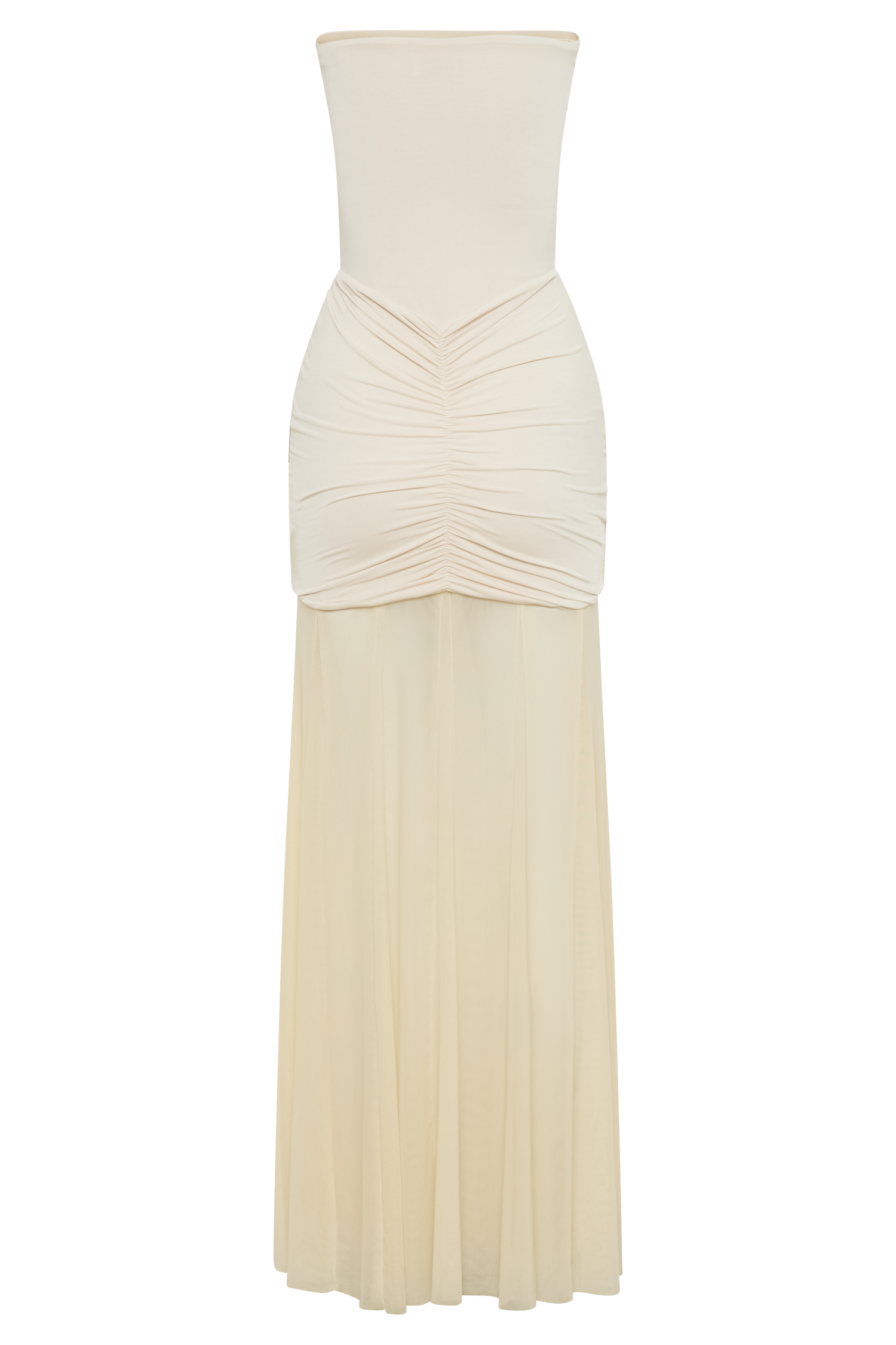 Caspian Slinky And Mesh Off Shoulder Maxi Dress - Ivory | MESHKI US Caspian Slinky And Mesh Off Shoulder Maxi Dress - Ivory | MESHKI US