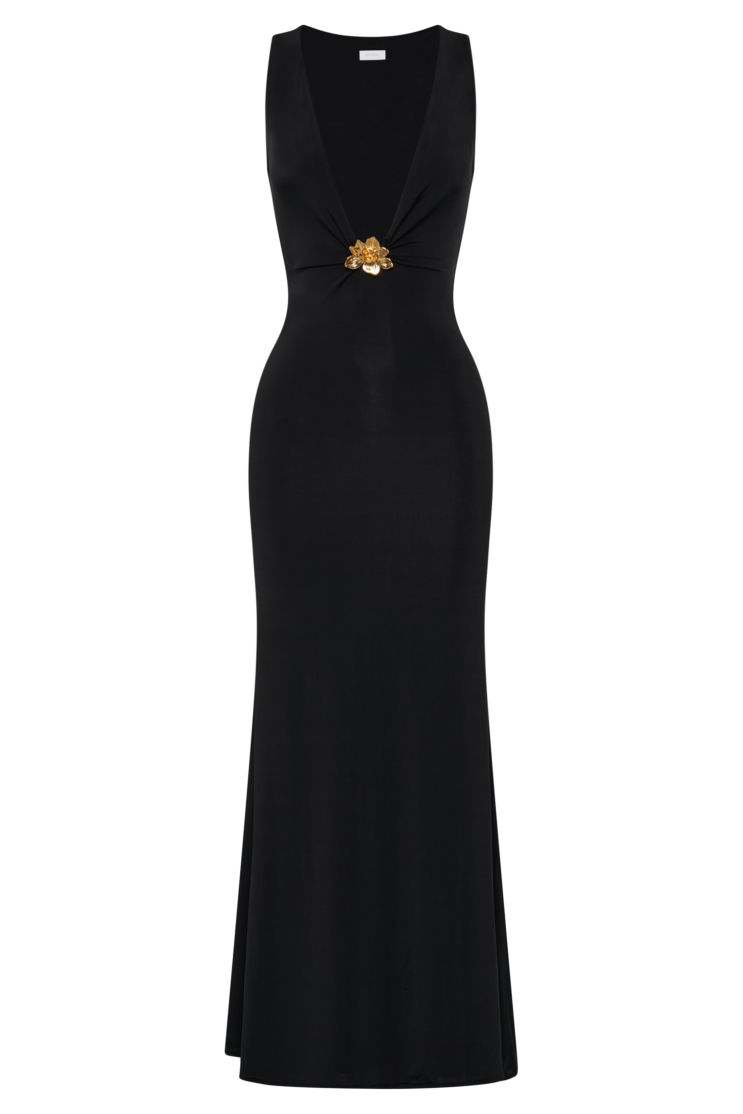 Beck Plunge Maxi Dress With Floral Hardware - Black | MESHKI US Beck Plunge Maxi Dress With Floral Hardware - Black | MESHKI US