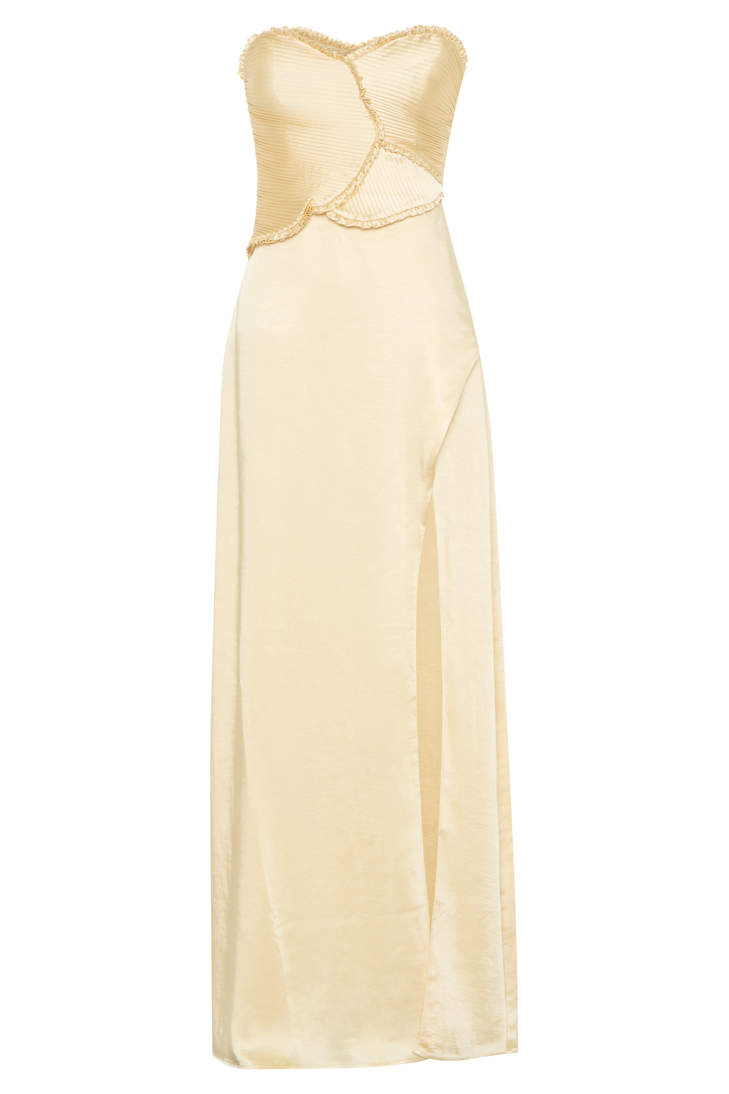 Larissa Satin Maxi Dress With Ruched Petals - Lemon | MESHKI US Larissa Satin Maxi Dress With Ruched Petals - Lemon | MESHKI US
