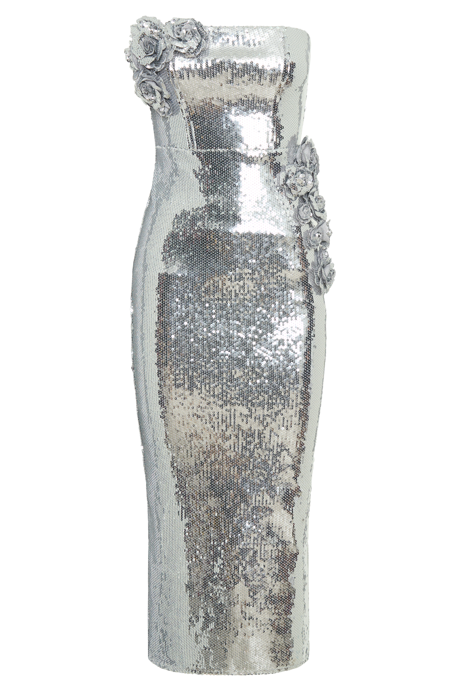 Cassia Strapless Sequin Rose Midi Dress - Silver Cassia Strapless Sequin Rose Midi Dress - Silver