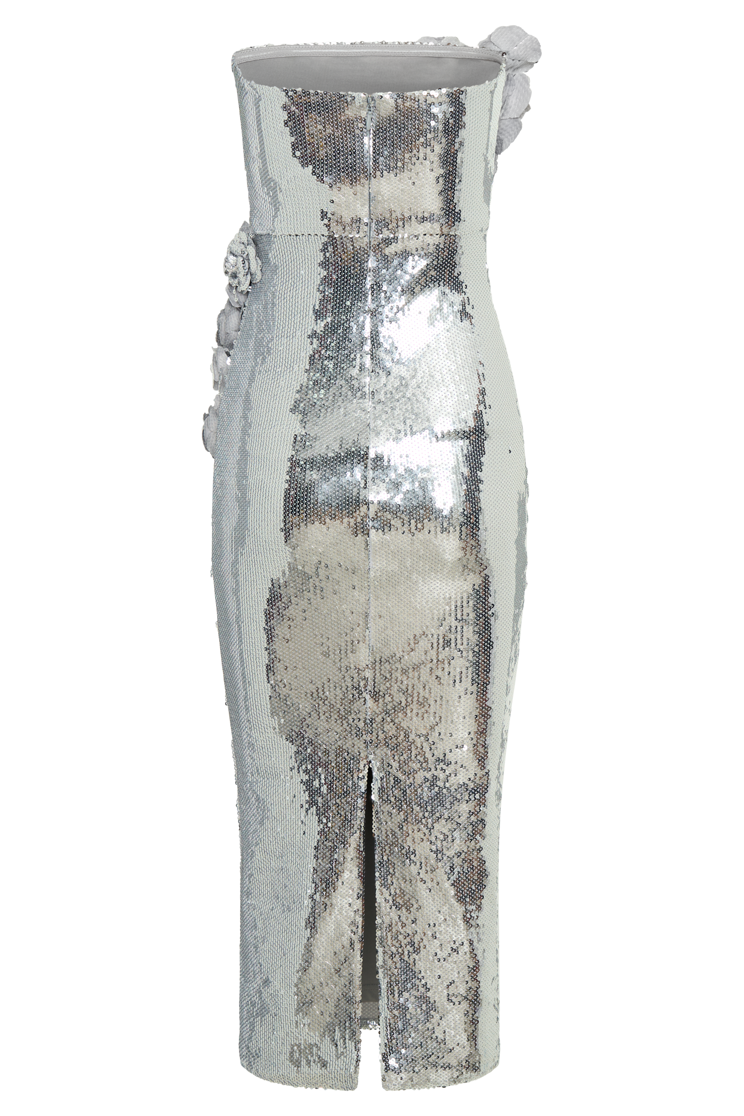 Cassia Strapless Sequin Rose Midi Dress / Silver | MESHKI