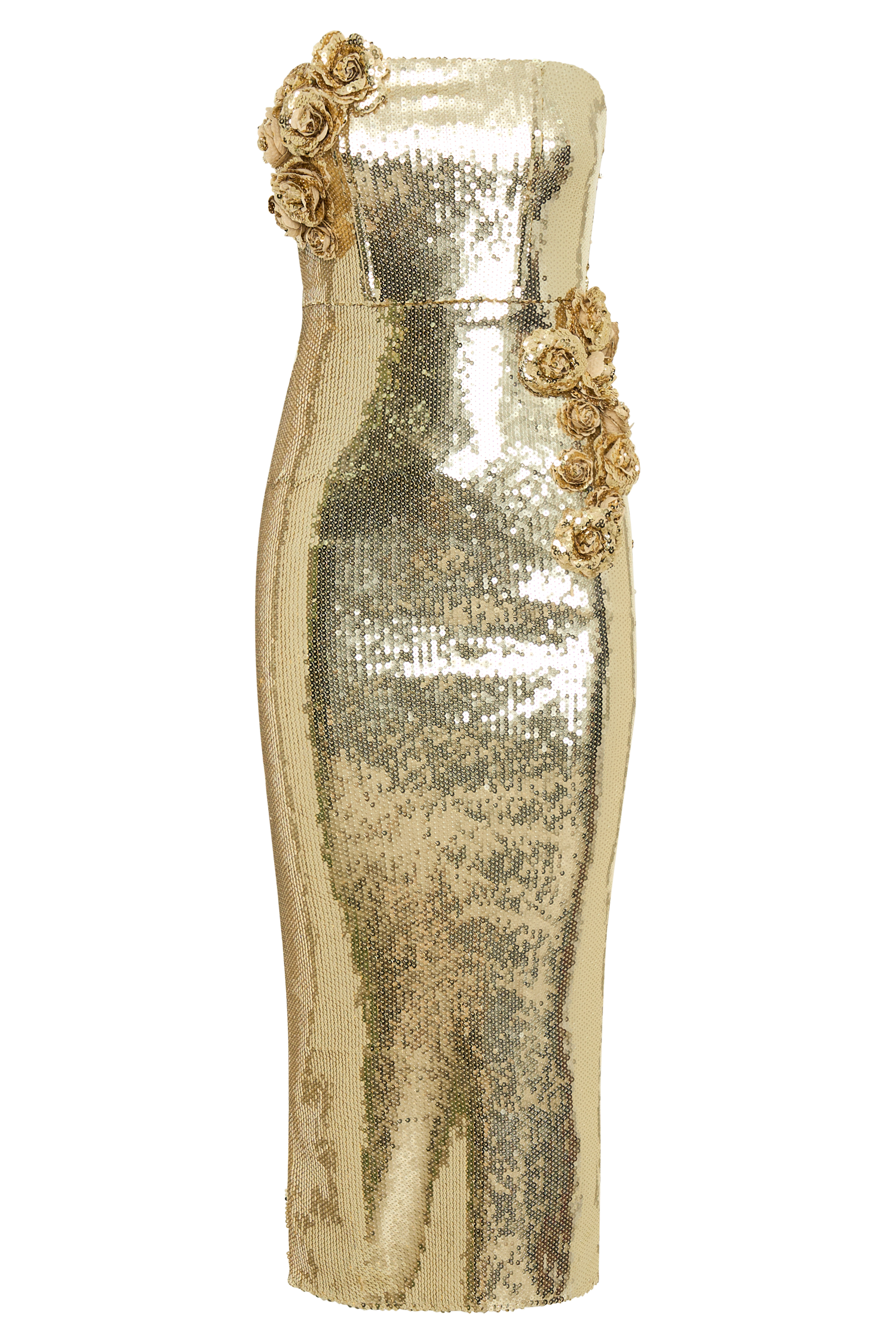 Cassia Strapless Sequin Rose Midi Dress - Gold | MESHKI US Cassia Strapless Sequin Rose Midi Dress - Gold | MESHKI US