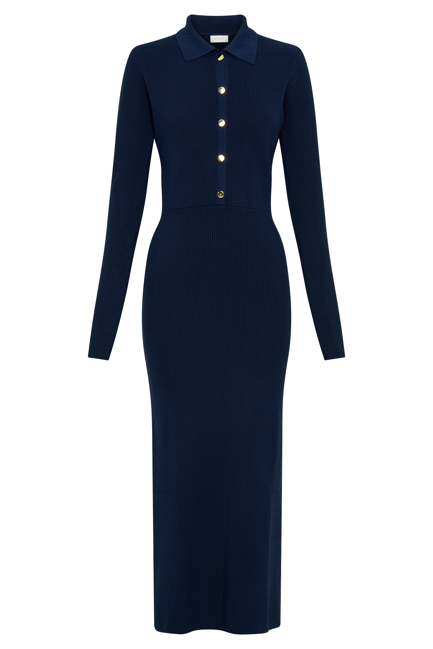 Abbey Buttoned Knit Midi Dress - Navy | MESHKI US