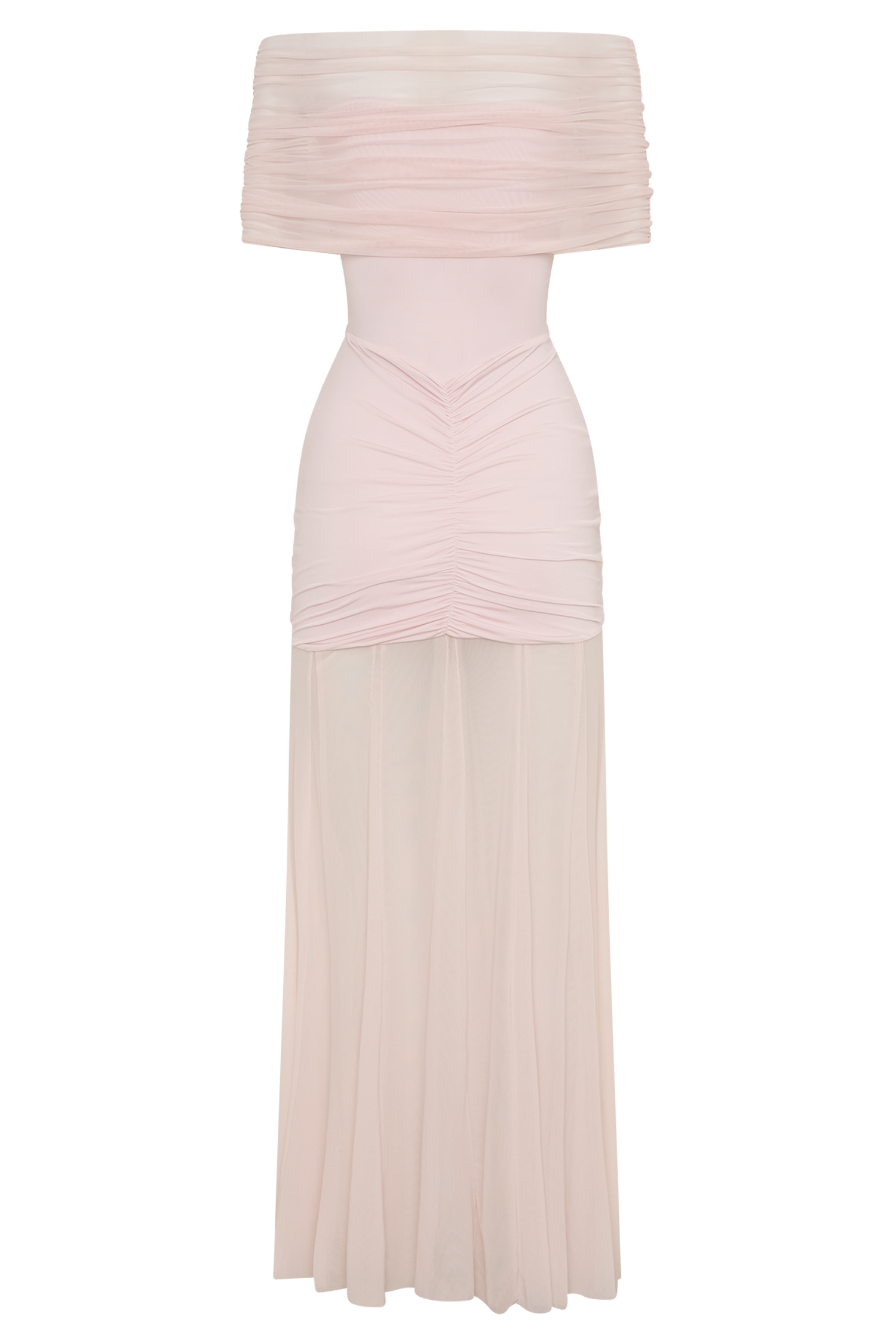 slinky and mesh off shoulder maxi dress Caspian Slinky And Mesh Off Shoulder Maxi Dress - Pale Pink