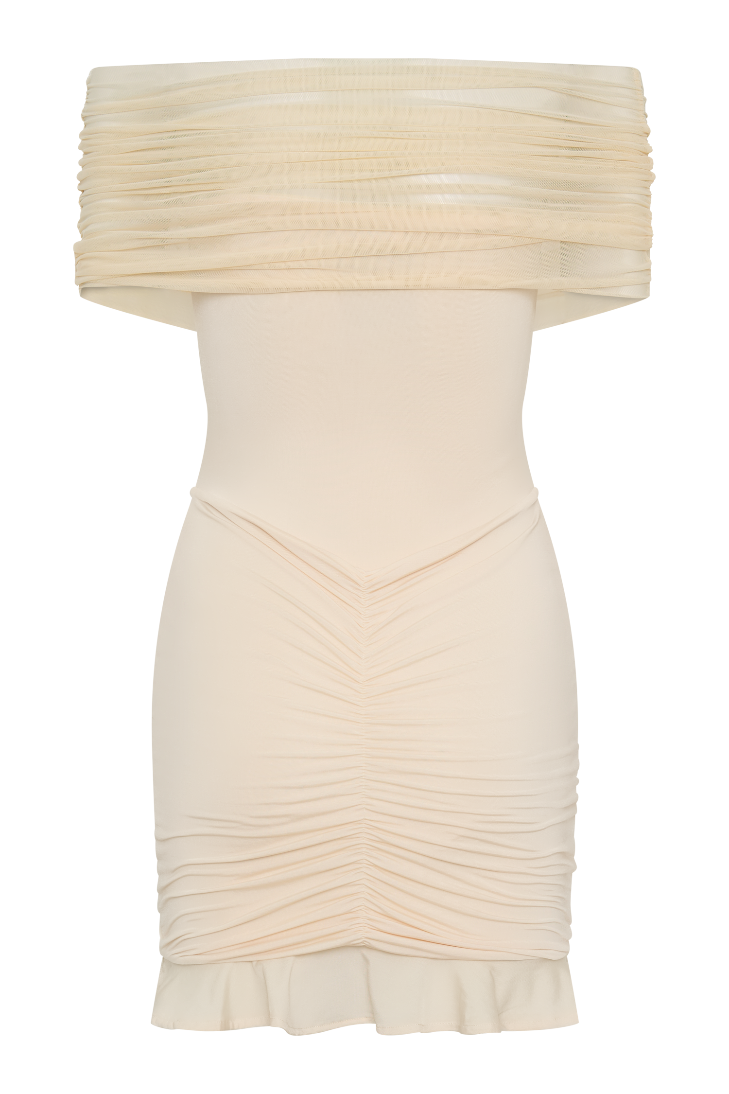 Caspian Slinky And Mesh Off Shoulder Mini Dress - Ivory | MESHKI US Caspian Slinky And Mesh Off Shoulder Mini Dress - Ivory | MESHKI US