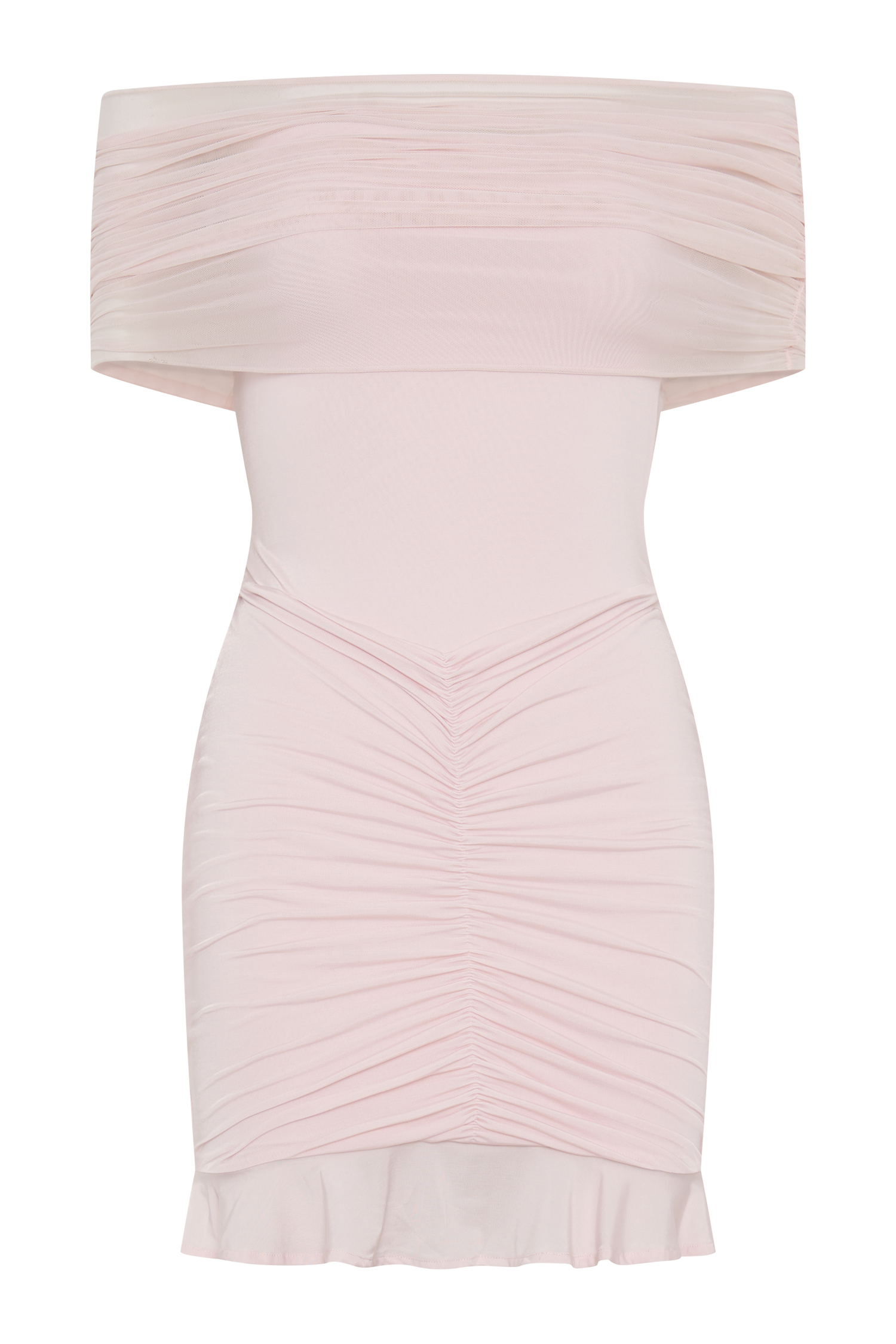 Caspian Slinky And Mesh Off Shoulder Mini Dress - Pale Pink | MESHKI US Caspian Slinky And Mesh Off Shoulder Mini Dress - Pale Pink | MESHKI US