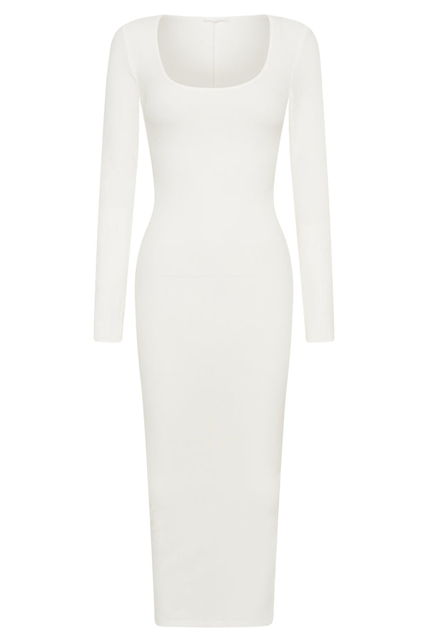 Sierra Scoop Neck Long Sleeve Midi Dress - White