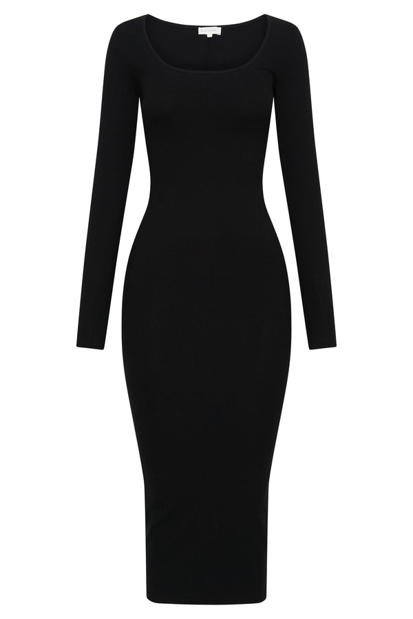 Sierra Scoop Neck Long Sleeve Midi Dress - Black