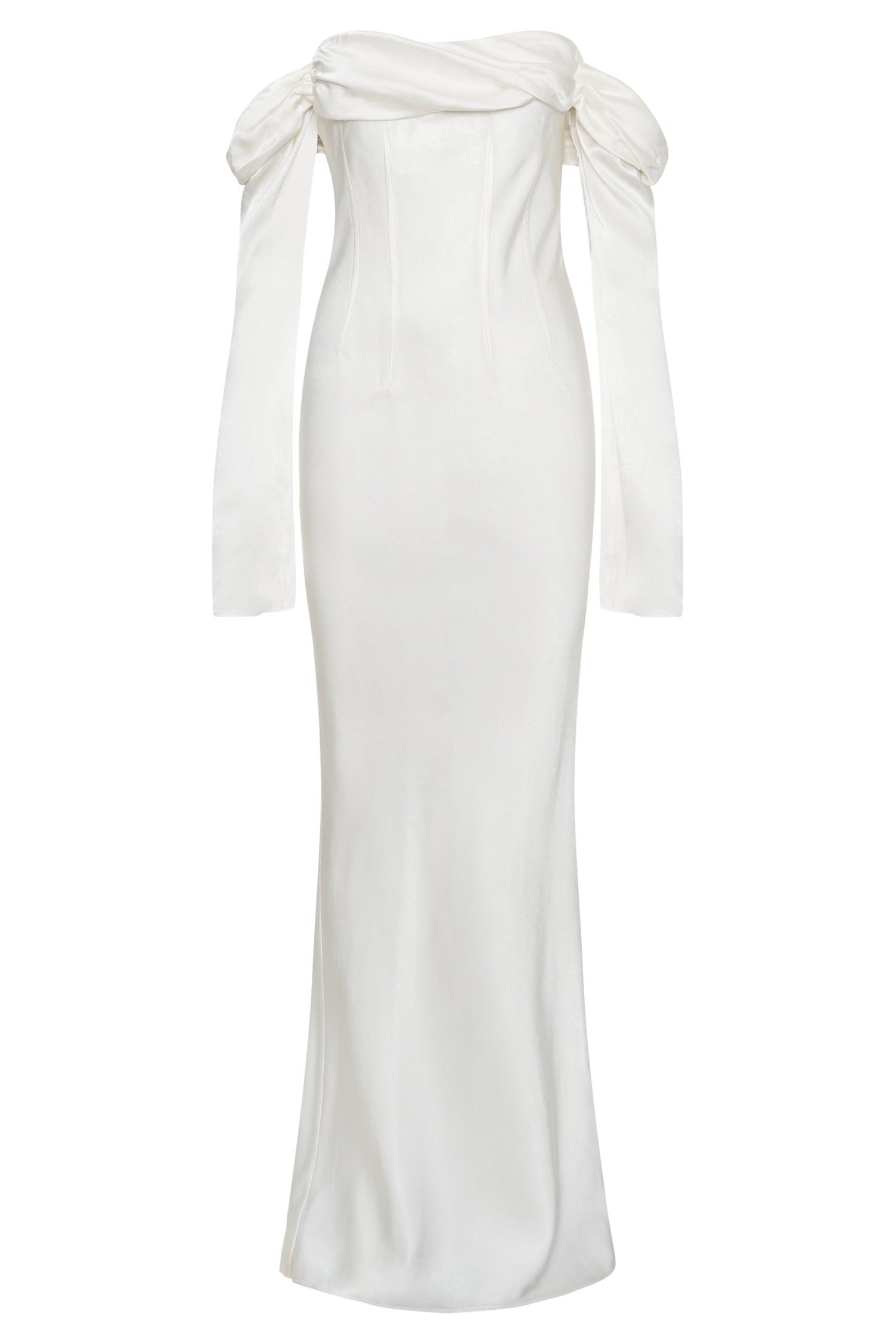 white silk off the shoulder dress Off the Shoulder White Sheath Dress with Bow Detail and High Slit JB36882