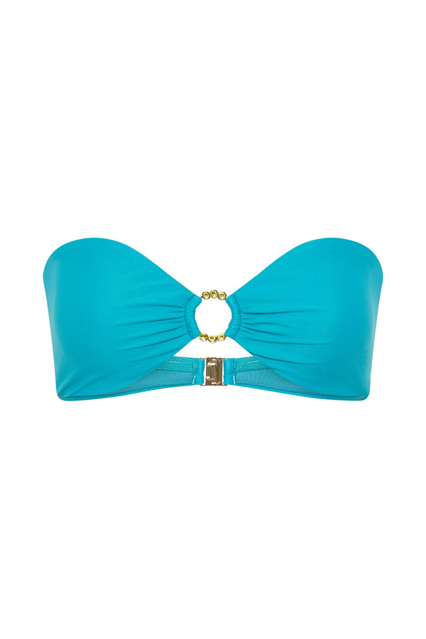 Hazel Recycled Nylon Bandeau Bikini Top With Diamante Trim - Turquoise