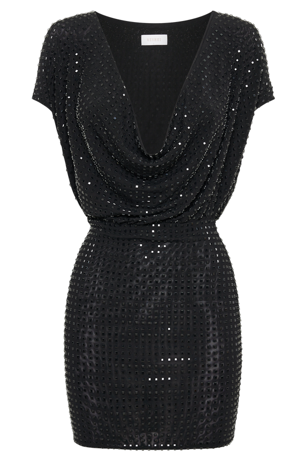Seona Square Diamante Mini Dress - Black