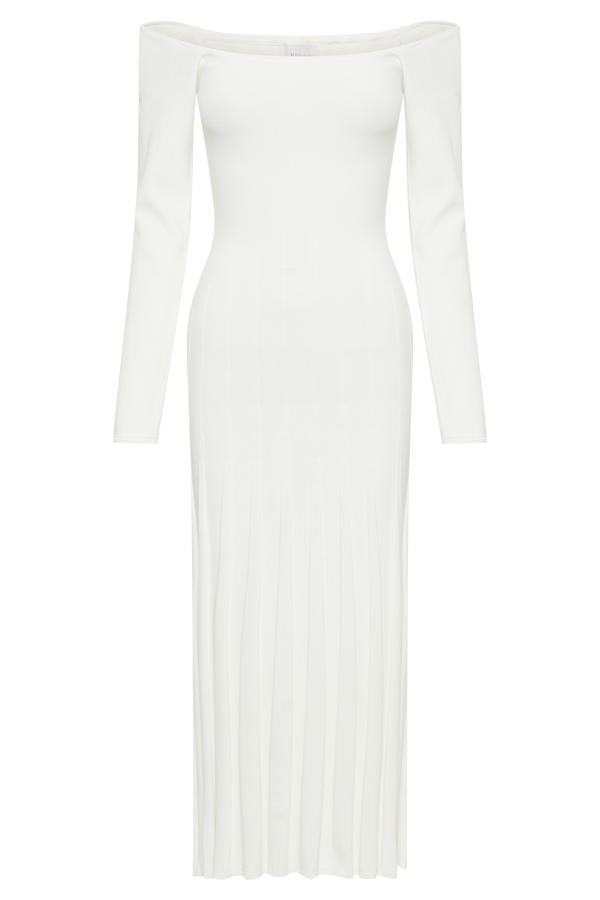 Emmeline Long Sleeve Rib Knit Midi Dress - White