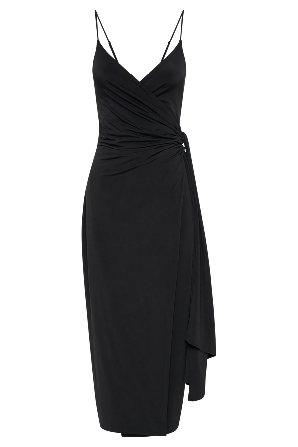 Caroline Draped Wrap Midi Dress - Black