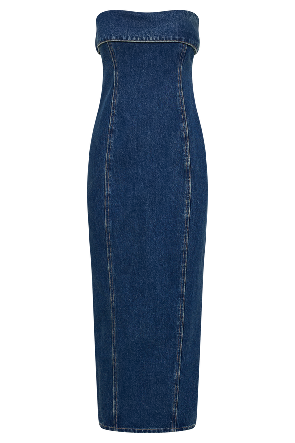 Katherine Strapless Denim Midi Dress - Dark Blue