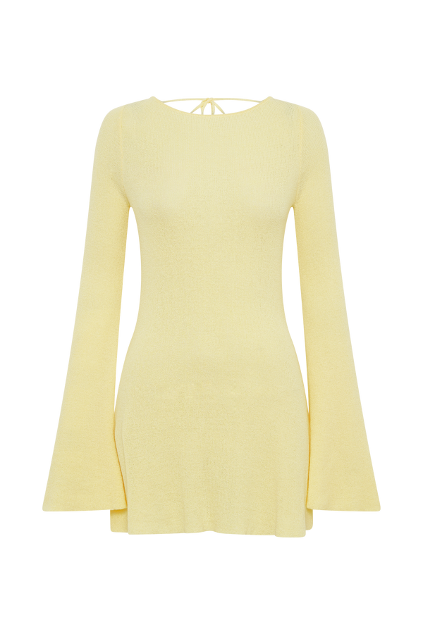 Zahra Long Sleeve Open Back Mini Knit Dress - Lemon