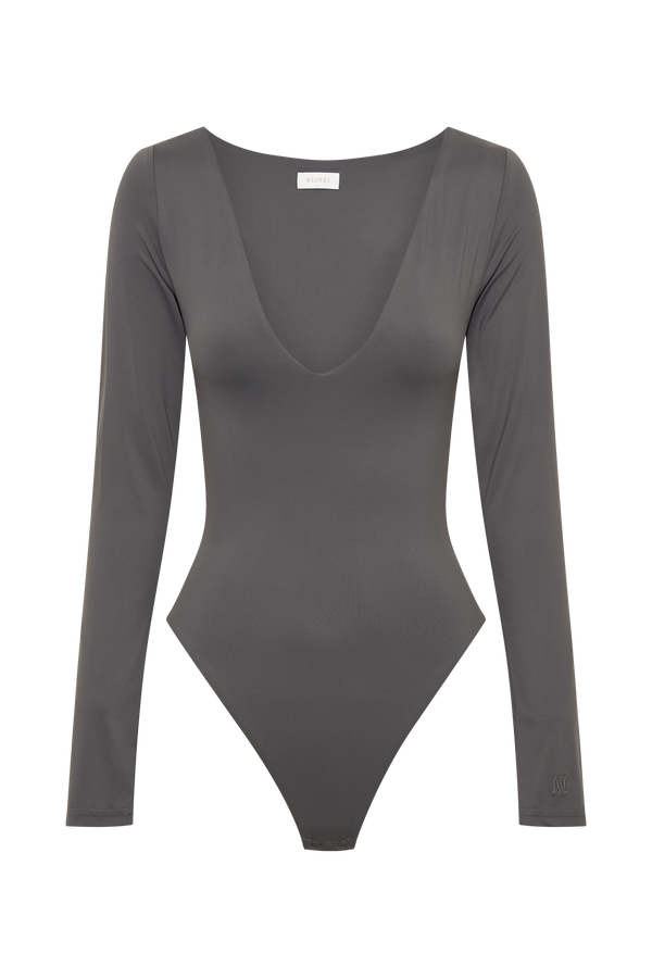 Nia Long Sleeve V Neck Bodysuit - Charcoal - MESHKI