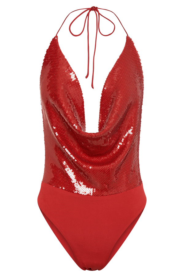Nathalie Sequin Cowl Bodysuit - Red