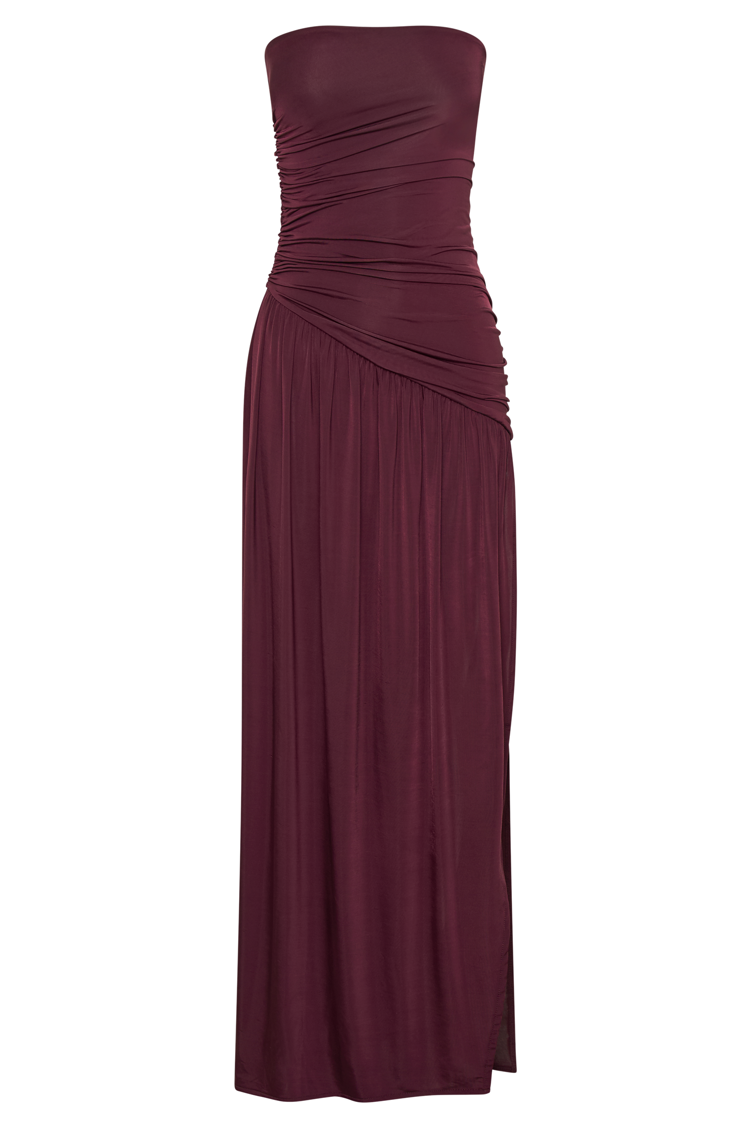 Bex Strapless Slinky Maxi Dress With Split - Burgundy | MESHKI US Bex Strapless Slinky Maxi Dress With Split - Burgundy | MESHKI US