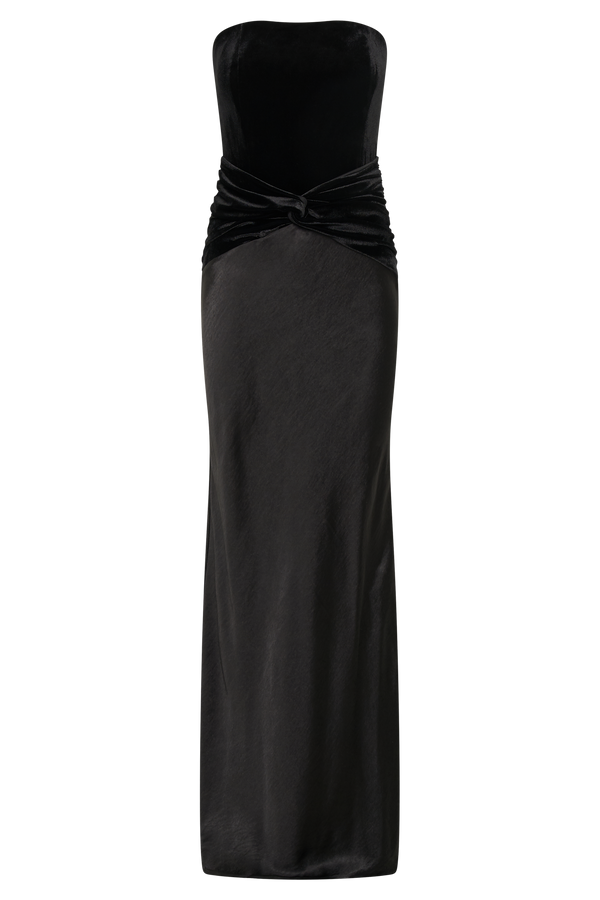 Danna Strapless Satin Velvet Maxi Dress - Black