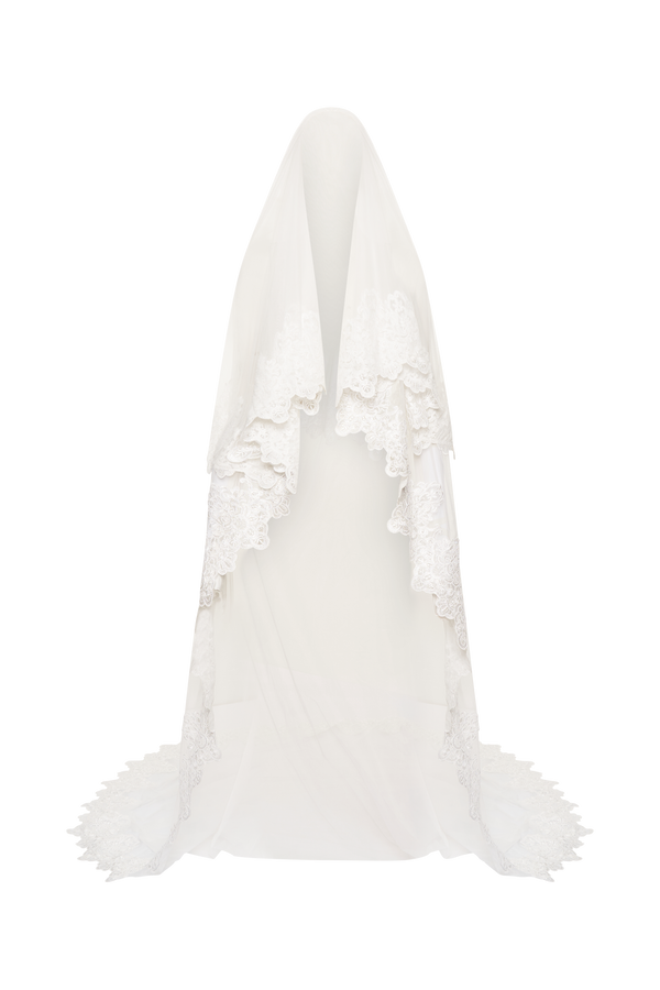 Paulette Lace Trim Veil - White