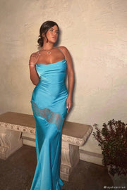 Chandra Lace Detail Satin Maxi Dress - Aquamarine