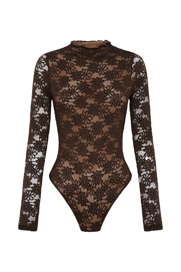 Renata Lace Long Sleeve Bodysuit - Chocolate