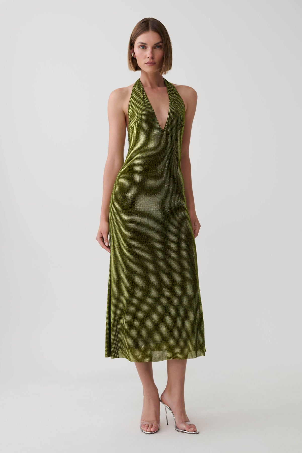 Genie Diamante Halter Midi Dress - Olive