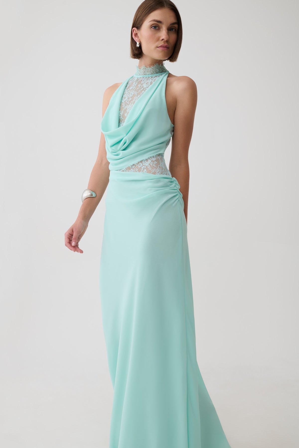 Arra Chiffon And Lace Halter Maxi Dress - Cyan Blue