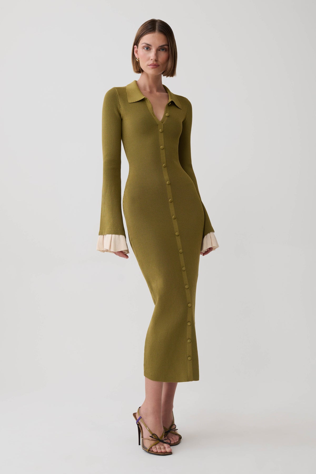 Amirose Ruffle Knit Midi Dress - Olive