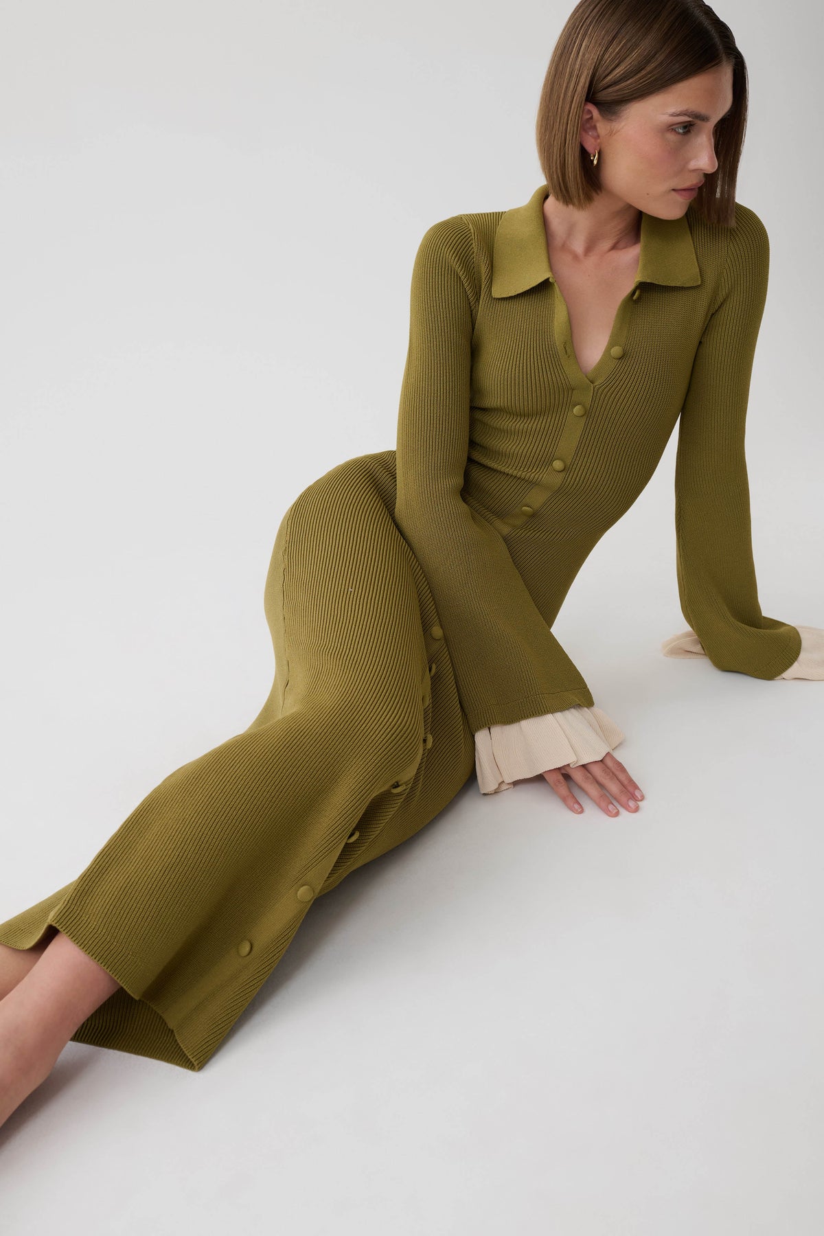 Amirose Ruffle Knit Midi Dress - Olive