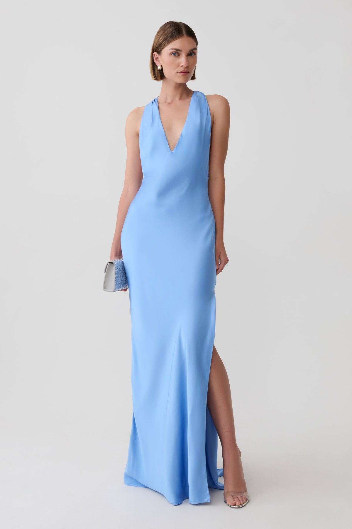 Winnie Halter Satin Maxi Dress With Hardware - Cornflower Blue