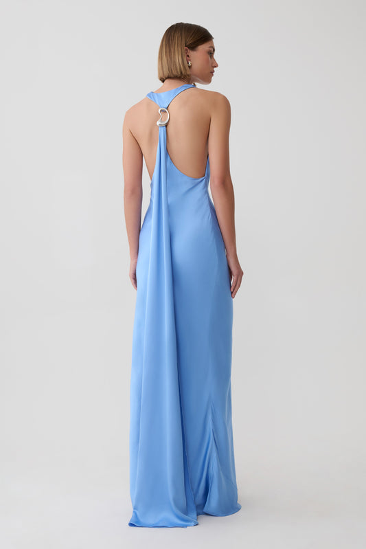 Winnie Halter Satin Maxi Dress With Hardware - Cornflower Blue