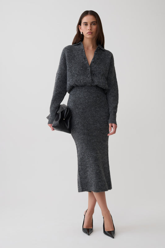 Simoney Long Sleeve Midi Knit Dress - Charcoal
