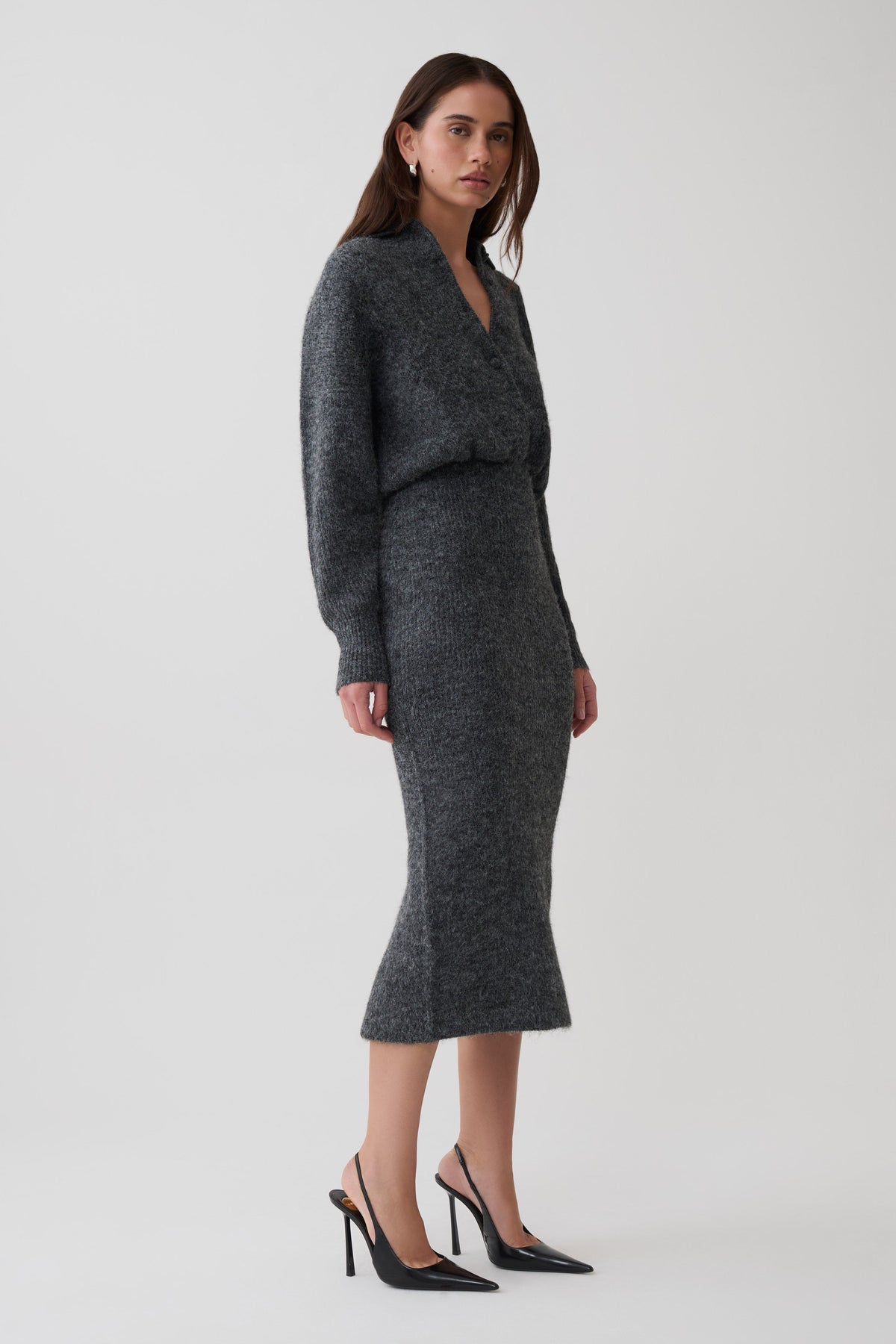 Simoney Long Sleeve Midi Knit Dress - Charcoal