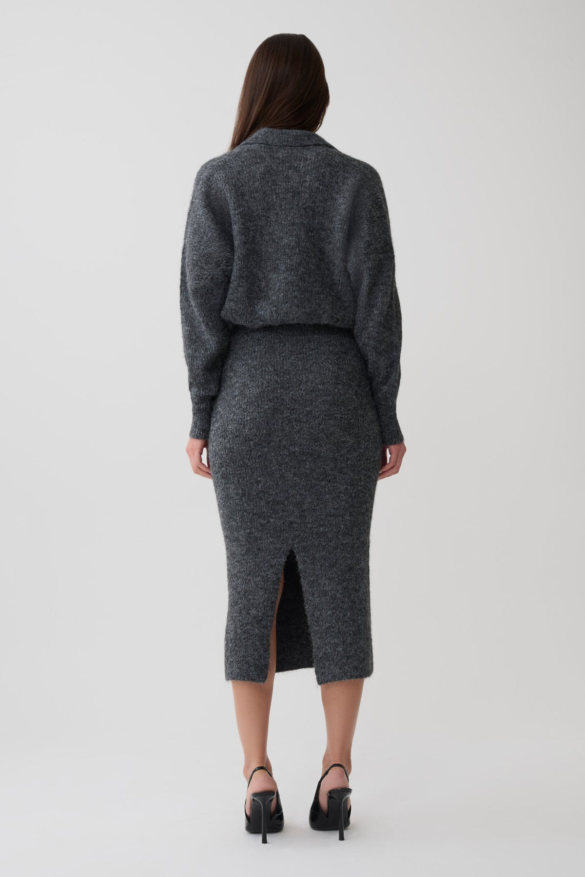 Simoney Long Sleeve Midi Knit Dress - Charcoal