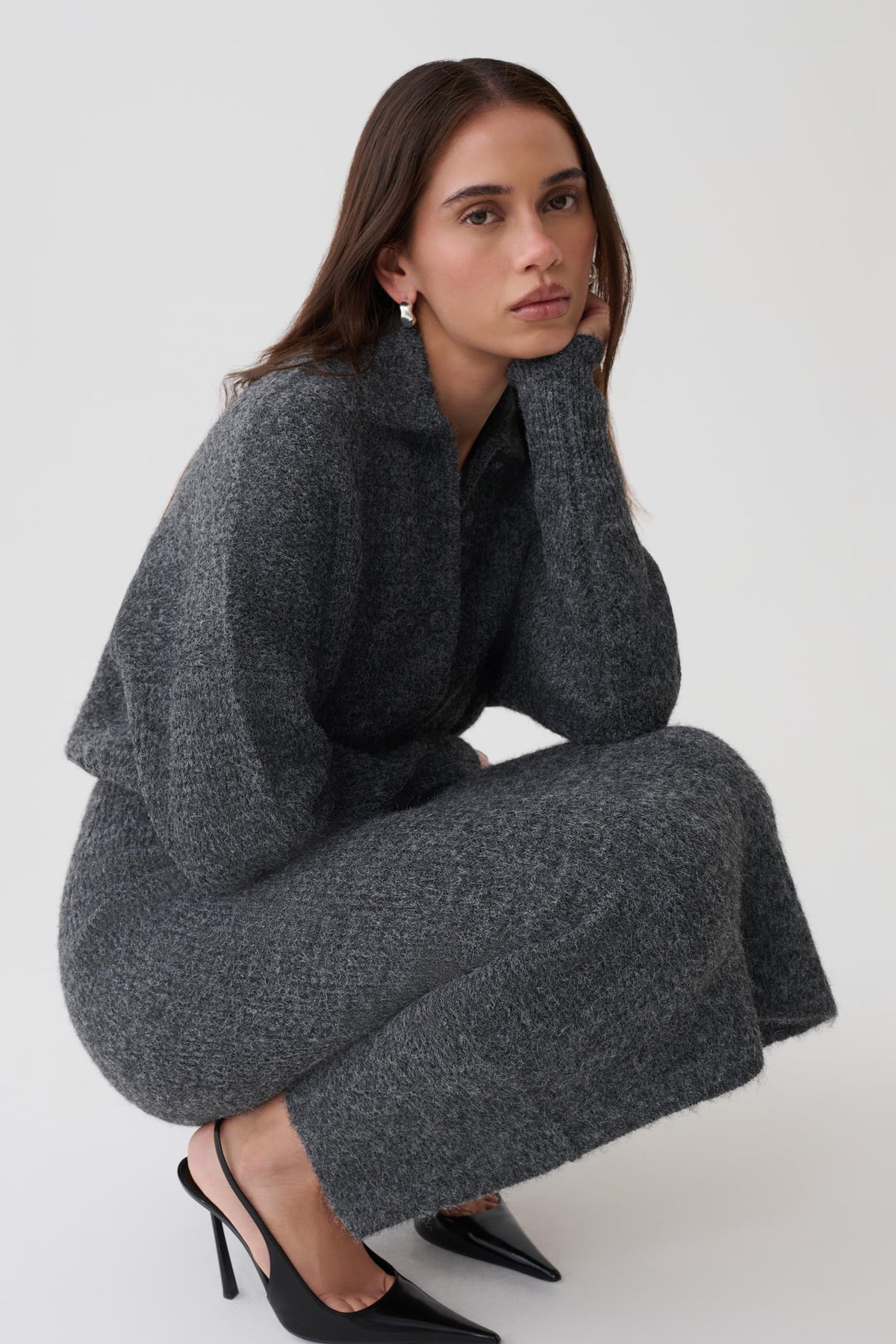 Simoney Long Sleeve Midi Knit Dress - Charcoal #6
