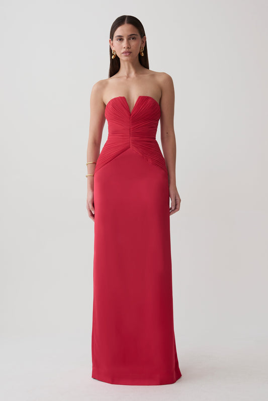 Aiyana Pleated Strapless Maxi Dress - Pomegranate