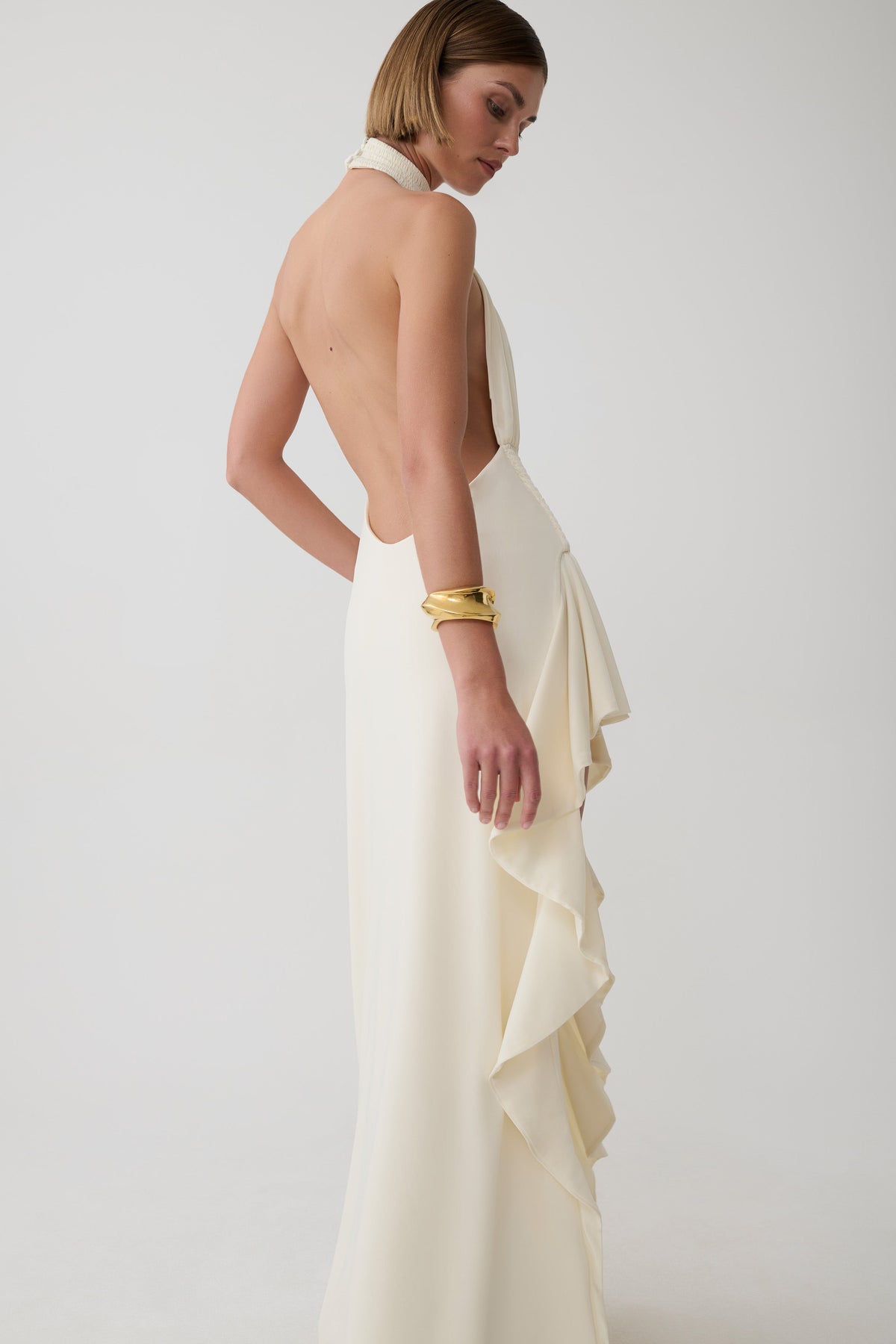 Andaluz High Neck Side Split Dress - Ivory