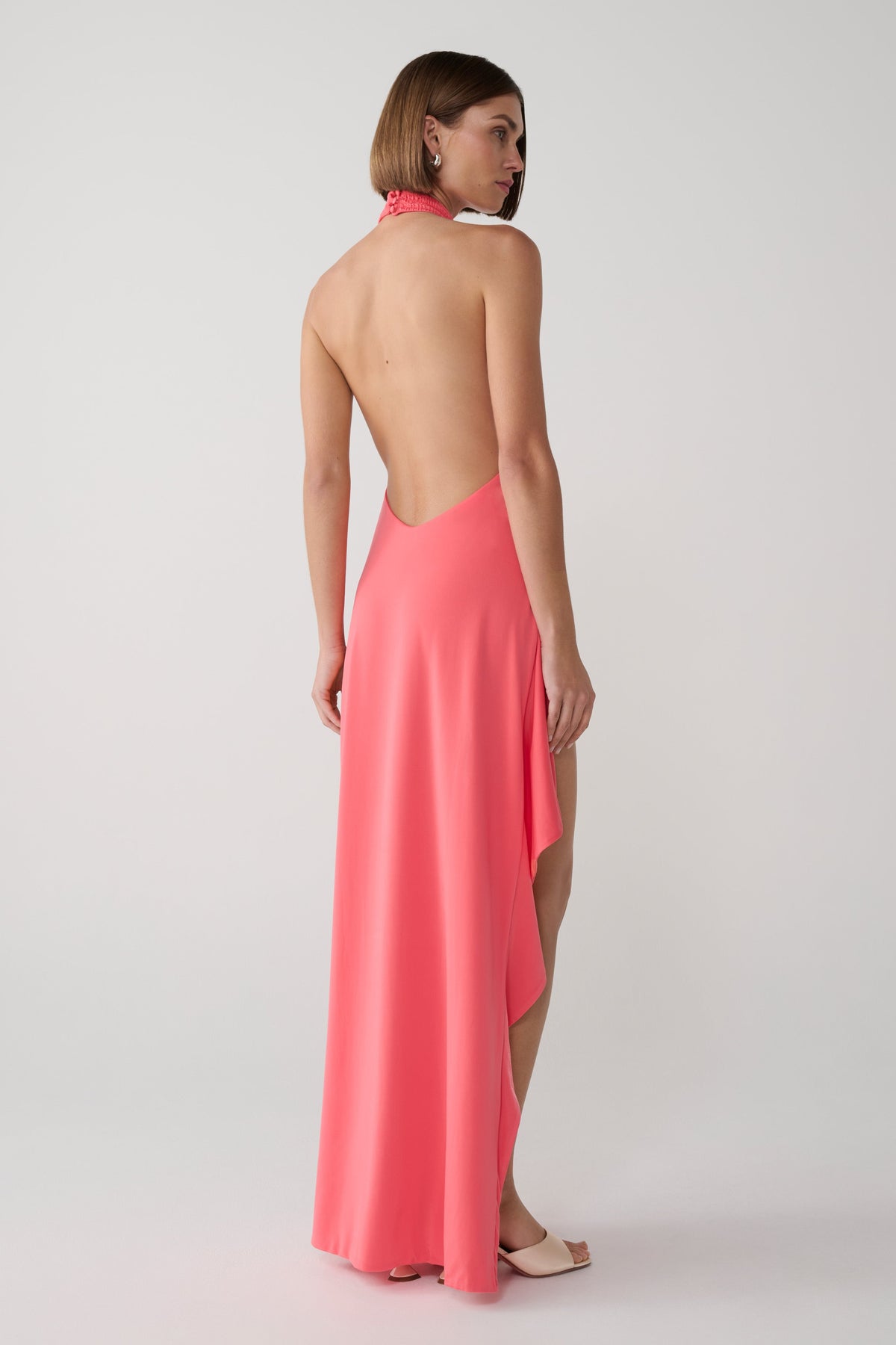 Andaluz High Neck Side Split Dress - Pink Peach