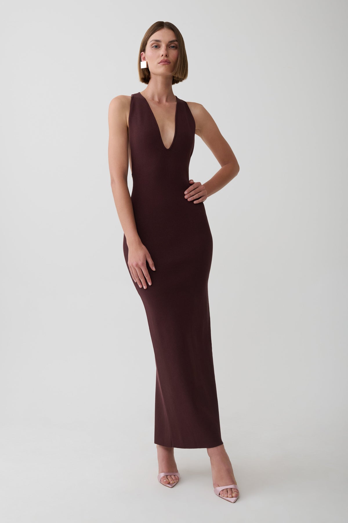 Darla Deep V Knit Maxi Dress - Chocolate #2