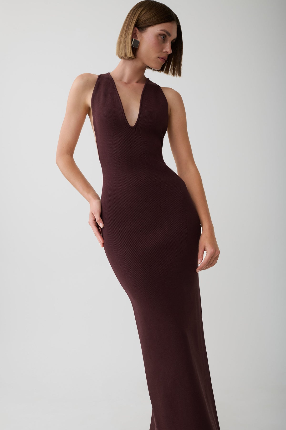 Darla Deep V Knit Maxi Dress - Chocolate