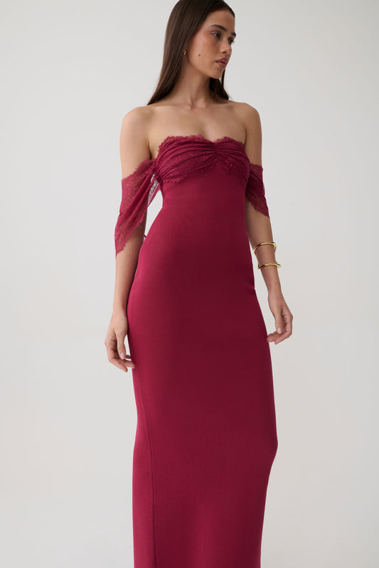 Leny Lace & Bandage Knit Maxi Dress - Burgundy