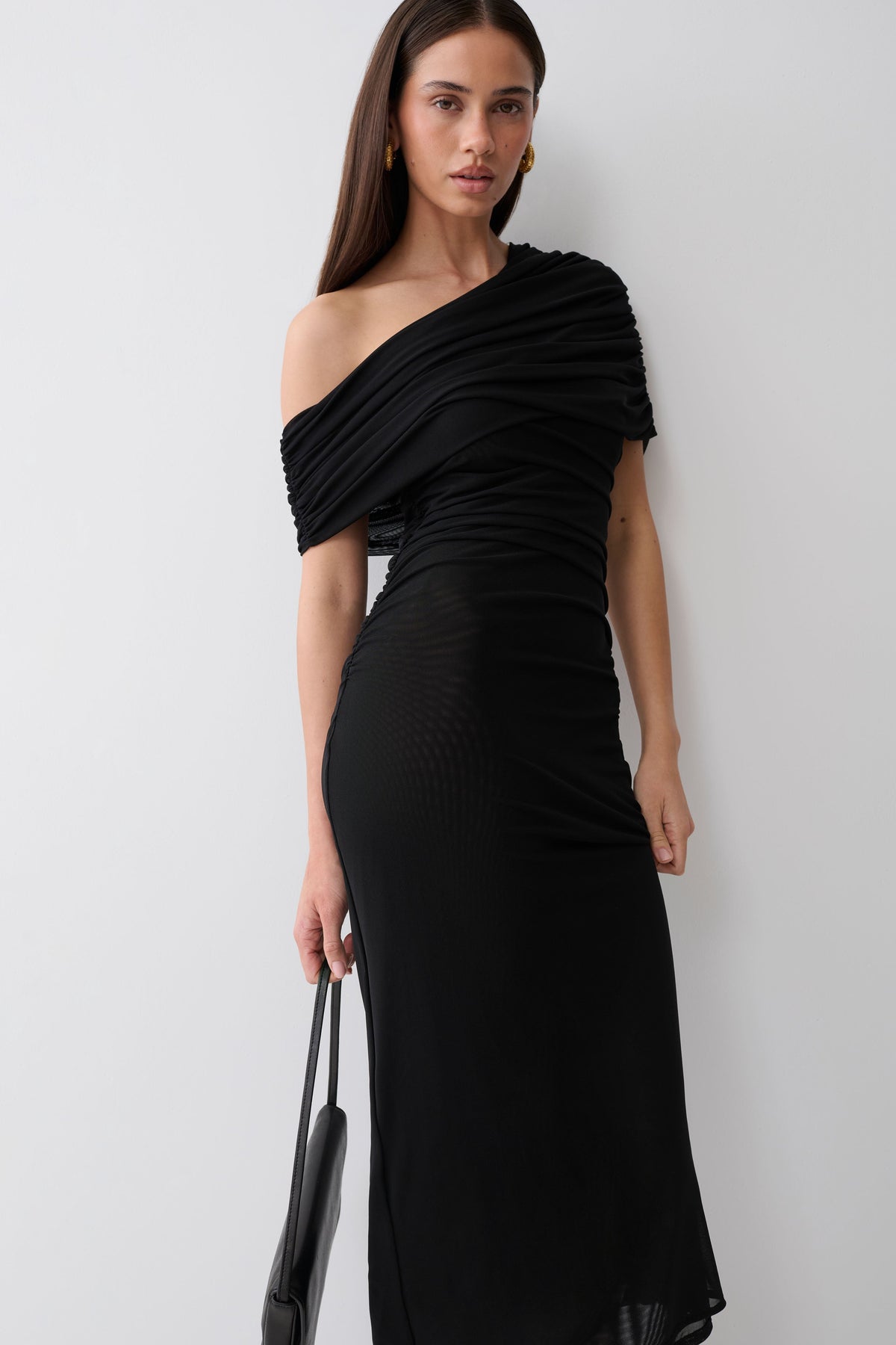 Adalina Fluid Loose Neck Jersey Mesh Midi Dress - Black #4