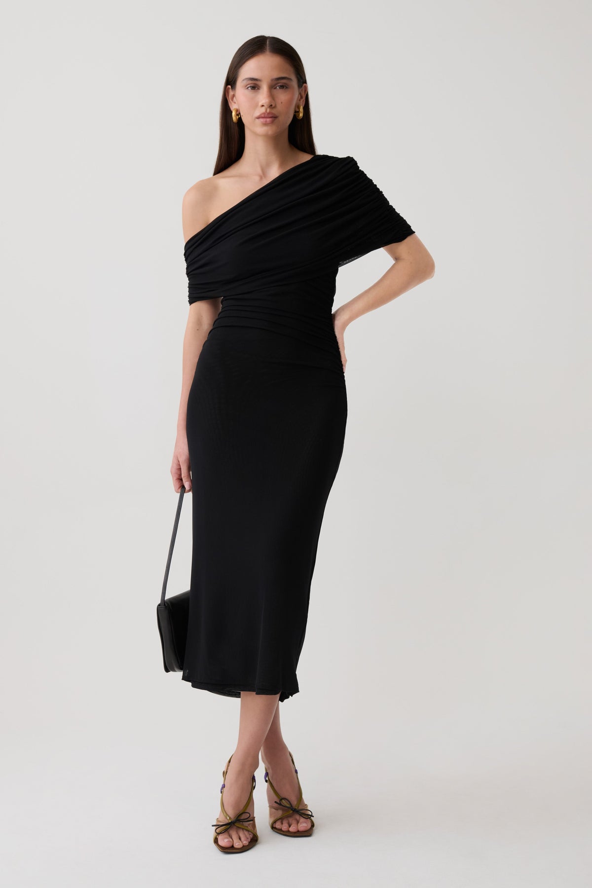 Adalina Fluid Loose Neck Jersey Mesh Midi Dress - Black #5