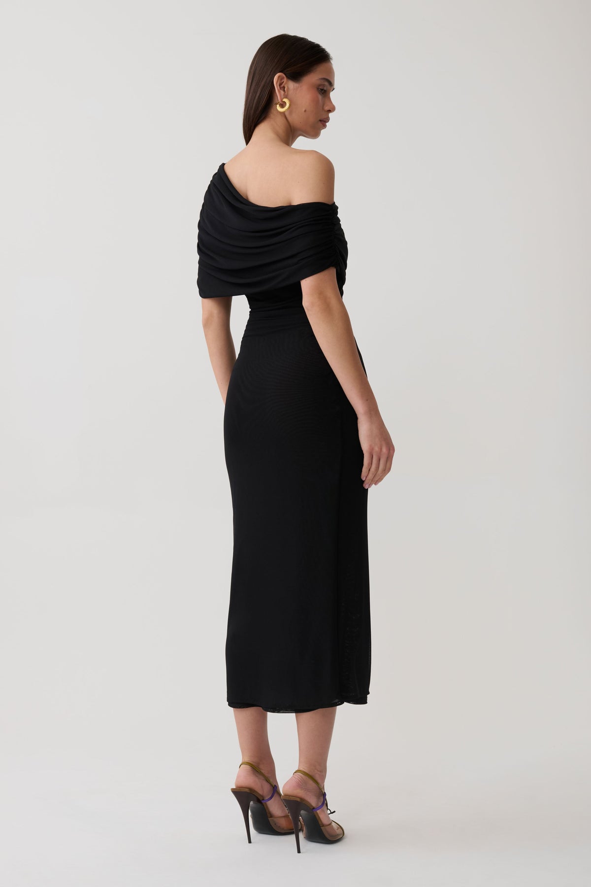 Adalina Fluid Loose Neck Jersey Mesh Midi Dress - Black #2